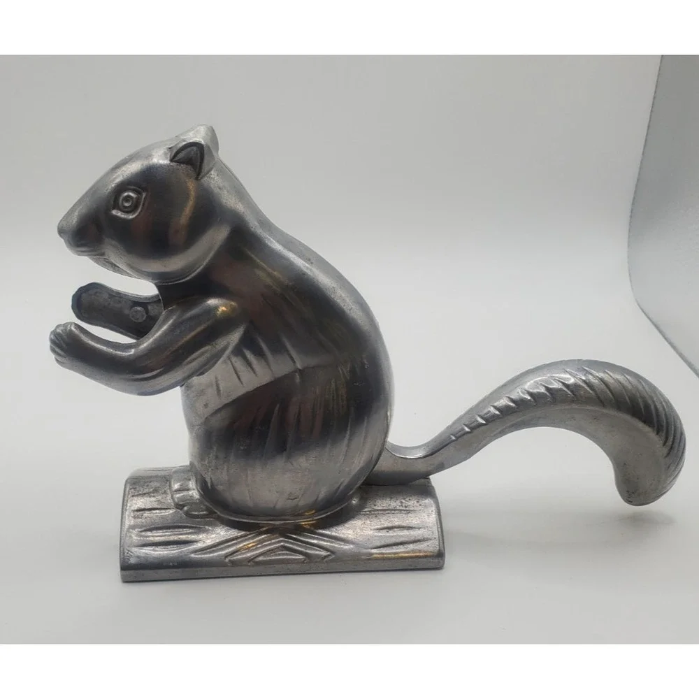 Vintage Squirrel On Log Nutcracker Aluminum Metal Silver Tone